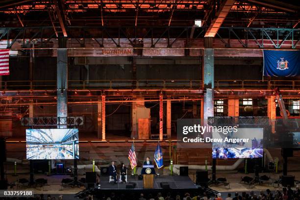 New York Governor Andrew Cuomo delivers remarks during a press event to mark the beginning of the second round of renovations at the future site of...