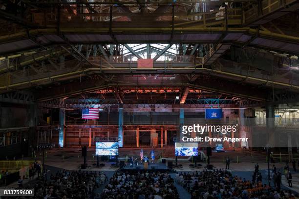 New York Governor Andrew Cuomo delivers remarks during a press event to mark the beginning of the second round of renovations at the future site of...