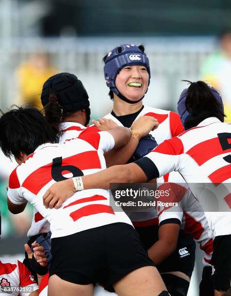 Saki Minami of Japan celebrates scoring a try during the Women's Rugby World Cup Pool C match between Australia and Japan at Billings Park UCD on...