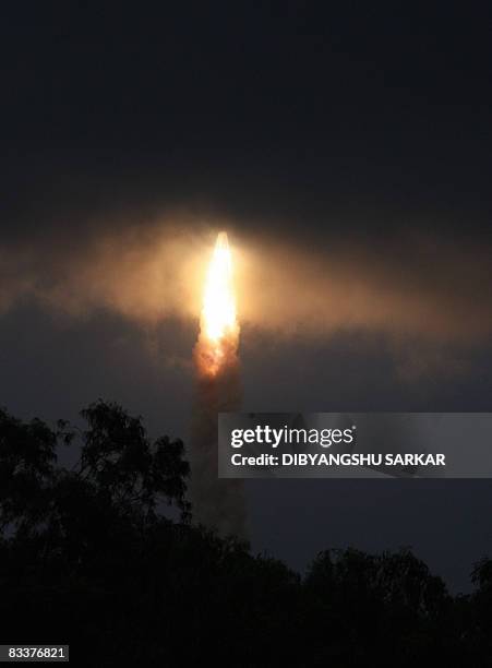 The Indian spacecraft, Polar Sattelite Launch Vehicle -C11 takes off carring India's first lunar probe Chandrayaan-1 at the Satish Dhawan Space...