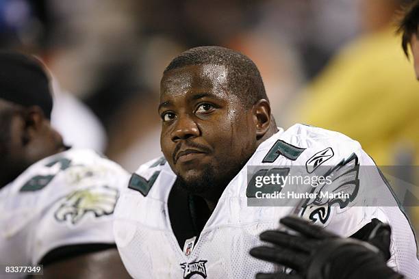 Center Jamaal Jackson of the Philadelphia Eagles sits on the sideline during a game against the Chicago Bears on September 28, 2008 at Soldier Field...