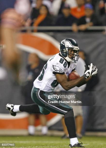 Wide receiver Reggie Brown of the Philadelphia Eagles catches a pass during a game against the Chicago Bears on September 28, 2008 at Soldier Field...