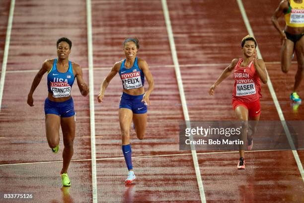 16th IAAF World Championships: USA Phyllis Francis, USA Allyson Felix and Bahrain Salwa Eid Naser in action during Women's 400M Final race at Olympic...