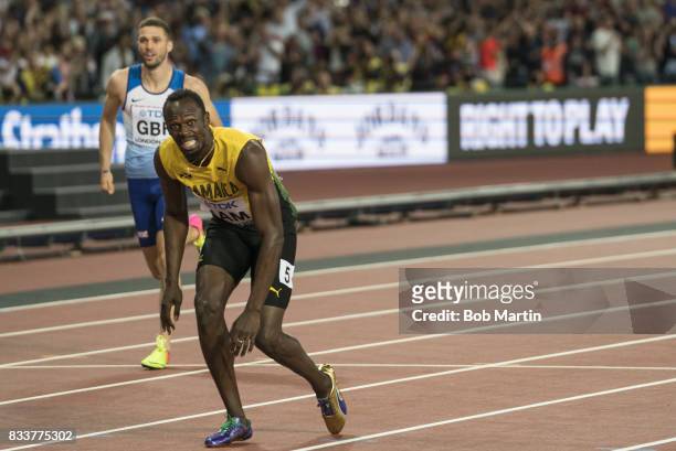 16th IAAF World Championships: Jamaica Usain Bolt in action during Men's 4X100M Final race at Olympic Stadium. Final race of Bolt's competitive...
