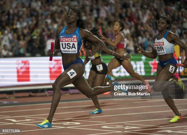 16th IAAF World Championships: USA Tori Bowie in action, leading and winning Women's 4X100M Final race at Olympic Stadium. USA wins gold. London,...