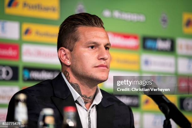 Raul Bobadilla talks to the media after he signs a new contract for Borussia Moenchengladbach at Borussia-Park on August 17, 2017 in...