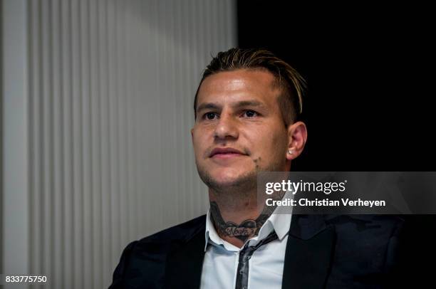 Raul Bobadilla talks to the media after he signs a new contract for Borussia Moenchengladbach at Borussia-Park on August 17, 2017 in...