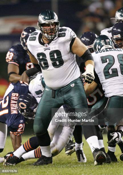 Tackle Jon Runyan of the Philadelphia Eagles run blocks during a game against the Chicago Bears on September 28, 2008 at Soldier Field in Chicago,...