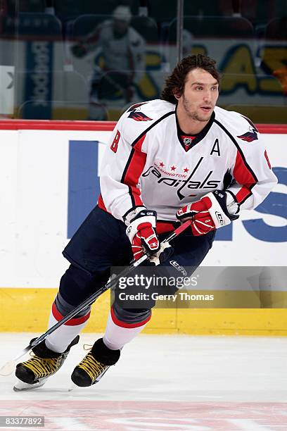 Alexander Ovechkin of the Washington Capitals skates during the warmup against the Calgary Flames on October 21, 2008 at Pengrowth Saddledome in...