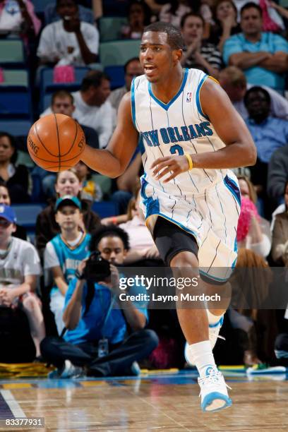 Chris Paul of the New Orleans Hornets drives against the Indiana Pacers on October 21, 2008 at the New Orleans Arena in New Orleans, Louisiana. NOTE...