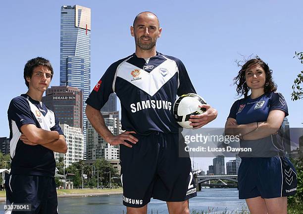 Victory National Youth League captain Mathew Theodore, Victory A-League captain Kevin Muscat and Victory W-League captain Tal Karp pose for a photo...