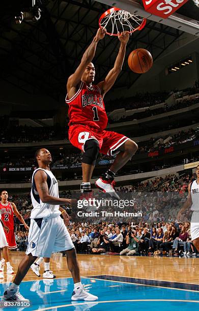 Derrick Rose of the Chicago Bulls dunks against the Dallas Mavericks on October 21, 2008 at the American Airlines Center in Dallas, Texas. NOTE TO...