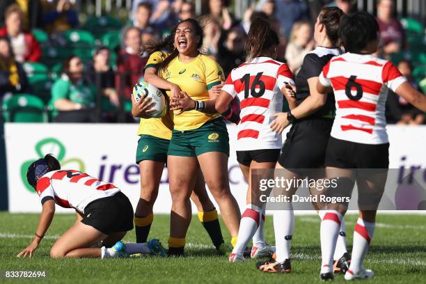 Nareta Marsters of Australia celebrates after scoring a try during the Women's Rugby World Cup Pool C match between Australia and Japan at Billings...