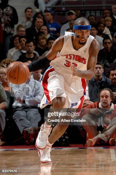 Richard Hamilton of the Detroit Pistons drives the ball upcourt against the Dallas Mavericks during the preseason game on October 16, 2008 at The...