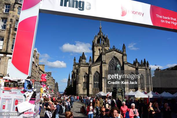 The entrance to the Fringe area on the Royal Mile during the Edinburgh Festival Fringe with St Giles' Cathedral dominating the scene, on August 17,...