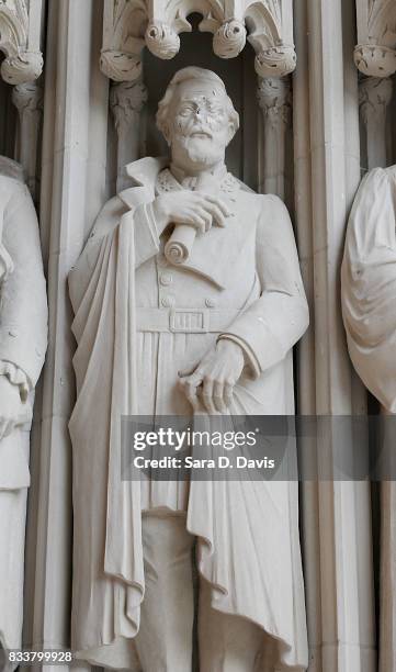Statue on the portal of Duke University Chapel bearing the likeness of Confederate General Robert E. Lee was vandalized on early August 17, 2017 in...