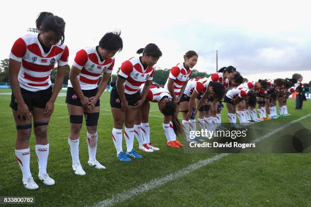 Japan acknowledge their fans following defeat during the Women's Rugby World Cup Pool C match between Australia and Japan at Billings Park UCD on...