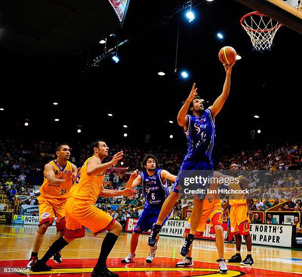 Matthew Knight of the Spirit makes a layup during the round six NBL match between the Townsville Crocodiles and the Sydney Spirit at the Townsville...