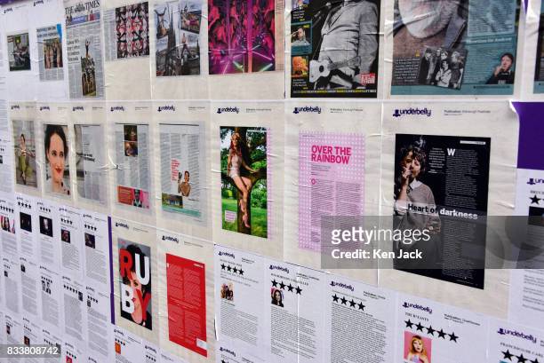 Billboard displaying newspaper reviews of some of the thousands of shows on offer during the Edinburgh Festival Fringe, on August 17, 2017 in...