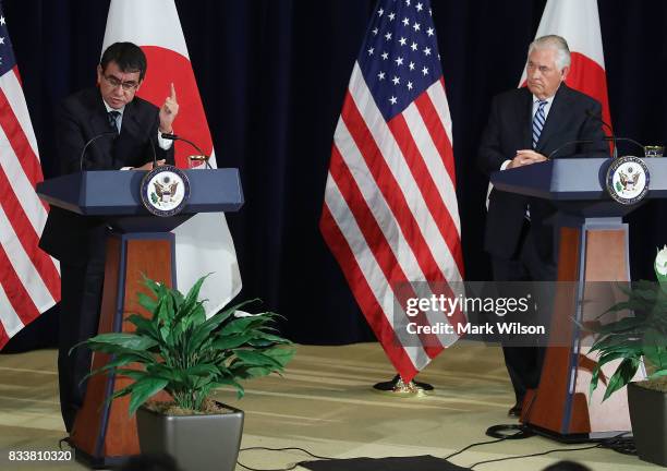 Japanese Foreign Minister Taro Kono speaks while Secretary of State Rex Tillerson listens, after a meeting of the U.S.-Japan Security Consultative...