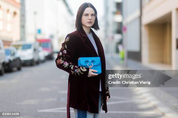 Maria Barteczko wearing bordeaux floral velvet jacket Bazar Deluxe, striped shirt Isabel Marant Etoile, reworked jeans Zara, black satin slingbacks...