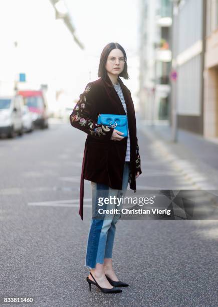 Maria Barteczko wearing bordeaux floral velvet jacket Bazar Deluxe, striped shirt Isabel Marant Etoile, reworked jeans Zara, black satin slingbacks...