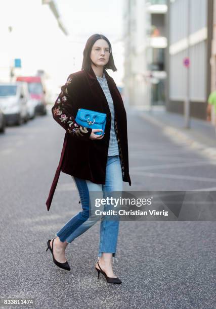 Maria Barteczko wearing bordeaux floral velvet jacket Bazar Deluxe, striped shirt Isabel Marant Etoile, reworked jeans Zara, black satin slingbacks...