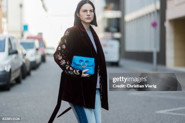Maria Barteczko wearing bordeaux floral velvet jacket Bazar Deluxe, striped shirt Isabel Marant Etoile, reworked jeans Zara, black satin slingbacks...