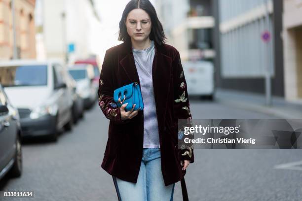 Maria Barteczko wearing bordeaux floral velvet jacket Bazar Deluxe, striped shirt Isabel Marant Etoile, reworked jeans Zara, black satin slingbacks...