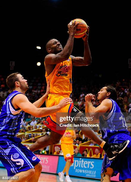 Corey Wiliams of the Crocs drives for the basket during the round six NBL match between the Townsville Crocodiles and the Sydney Spirit at the...