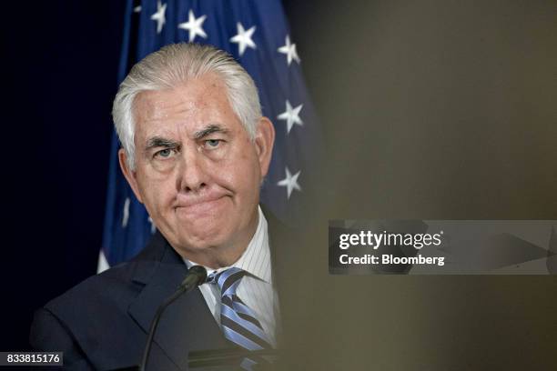 Rex Tillerson, U.S. Secretary of State, listens to a question at a news conference during the Security Consultative Committee meeting at the State...