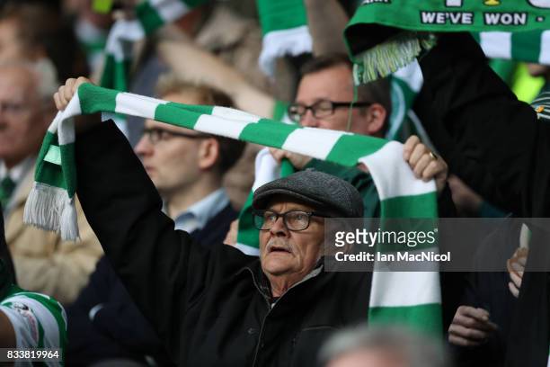 Celtic fans are seen prior to the UEFA Champions League Qualifying Play-Offs Round First Leg match between Celtic FC and FK Astana at Celtic Park on...