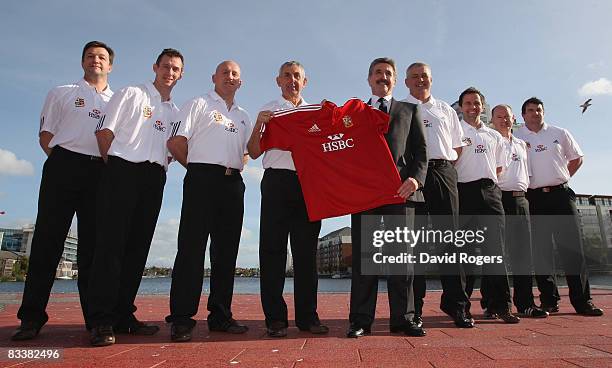 The British and Irish Lions management team of Greg Thomas head of media, Rob Howley, backs coach, Shaun Edwards, defence coach, Ian McGeechan head...