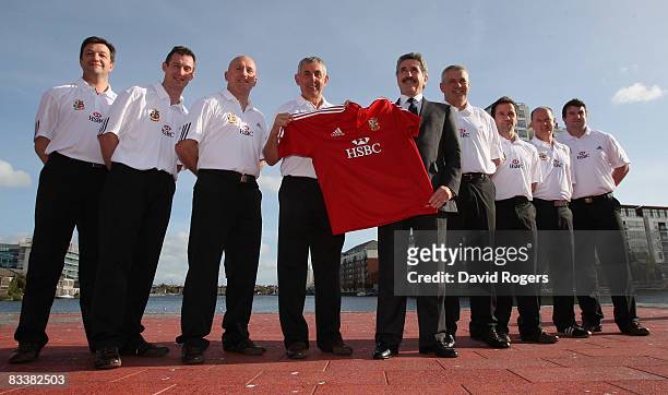The British and Irish Lions management team of Greg Thomas head of media, Rob Howley, backs coach, Shaun Edwards, defence coach, Ian McGeechan head...