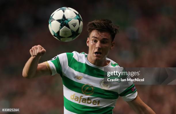 Kieran Tierney of Celtic controls the ball during the UEFA Champions League Qualifying Play-Offs Round First Leg match between Celtic FC and FK...