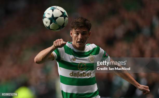 Kieran Tierney of Celtic controls the ball during the UEFA Champions League Qualifying Play-Offs Round First Leg match between Celtic FC and FK...