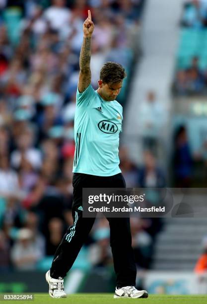 Jade Dernbach of Surrey celebrates dismissing Jack Taylor of Gloucestershire during the NatWest T20 Blast match between Surrey and Gloucestershire at...