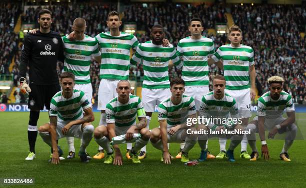 Celtic pose for a team photograph during the UEFA Champions League Qualifying Play-Offs Round First Leg match between Celtic FC and FK Astana at...