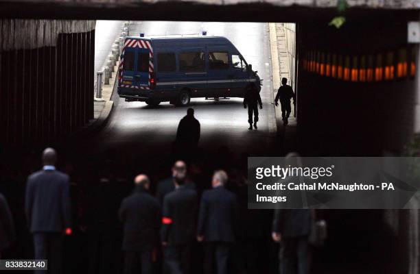 The jury from the Coroner's inquest into the deaths of Diana, Princess of Wales and Dodi Al Fayed enter the Pont de l'Alma tunnel in Paris where the...