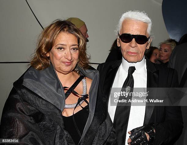 Architect Zaha Hadid and Artistic Director of CHANEL Karl Lagerfeld attend the opening party for Mobile Art: CHANEL Contemporary Art Container by...