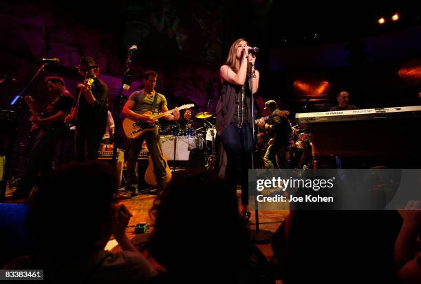 Actress Rebecca Budig of The Band from TV performs live at the Mohegan Sun Celebration of the Grand Opening of Casino of the Wind at Mohegan Sun's...