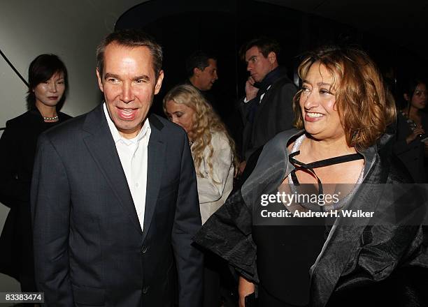 Artist Jeff Koons and architect Zaha Hadid attend the opening party for Mobile Art: CHANEL Contemporary Art Container by Zaha Hadid at Rumsey...