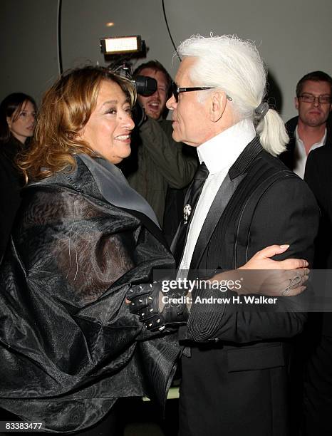 Architect Zaha Hadid and Artistic Director of CHANEL Karl Lagerfeld attend the opening party for Mobile Art: CHANEL Contemporary Art Container by...