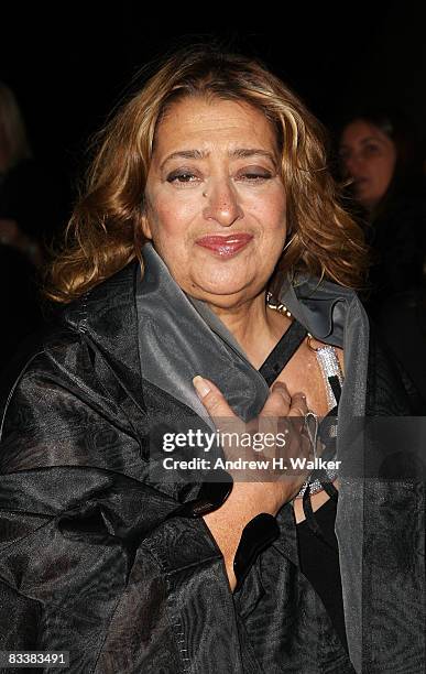 Architect Zaha Hadid attends the opening party for Mobile Art: CHANEL Contemporary Art Container by Zaha Hadid at Rumsey Playfield, Central Park on...