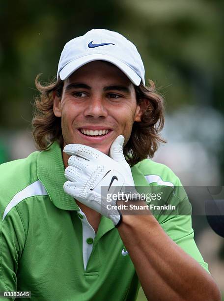 World number one tennis player Rafael Nadal of Spain looks happy during the pro - am of the Castello Masters Costa Azahar at the Club de Campo del...