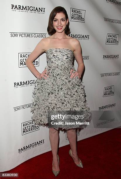 Actress Anne Hathaway arrives to Sony Pictures Classics premiere of "Rachel Getting Married" at the Writers Guild Cinema on September 15, 2008 in Los...