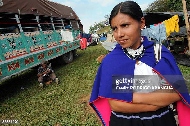 Colombian indigenous woman walks on October 22, 2008 in Santander de Quilichao, in Valle del Cauca department, during a stop on their march to...