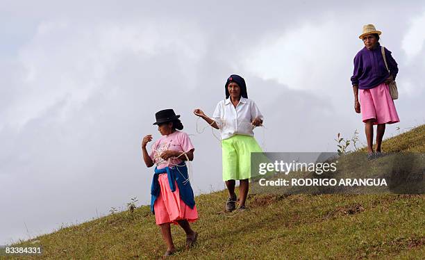 Colombian indigenous women walk on October 22, 2008 in Santander de Quilichao, in Valle del Cauca department, during a stop on their march to...