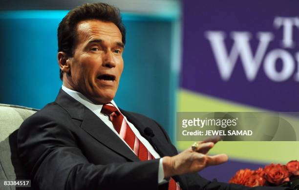 California Governor Arnold Schwarzenegger joins a coversation during the Women's Conference 2008 at the Long Beach Convention Centre in Long Beach,...