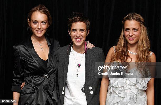 Actress Lindsay Lohan, DJ Samantha Ronson and designer Charlotte Ronson pose for photographs at the backstage of Charlotte Ronson Spring/Summer 2009...